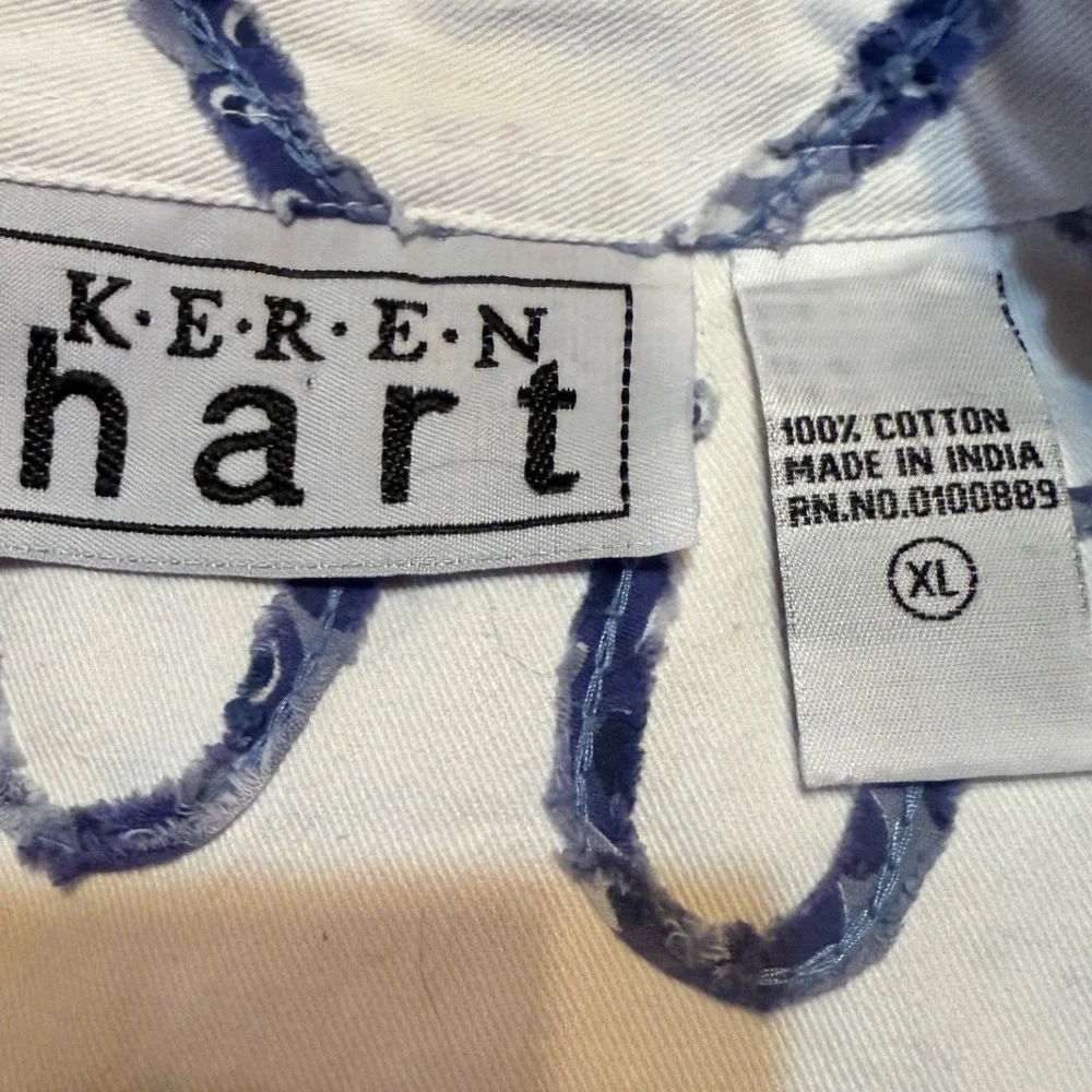 Keren‎ Hart Women XL White Blue Floral Embroidered Cotton Denim Jacket Artsy